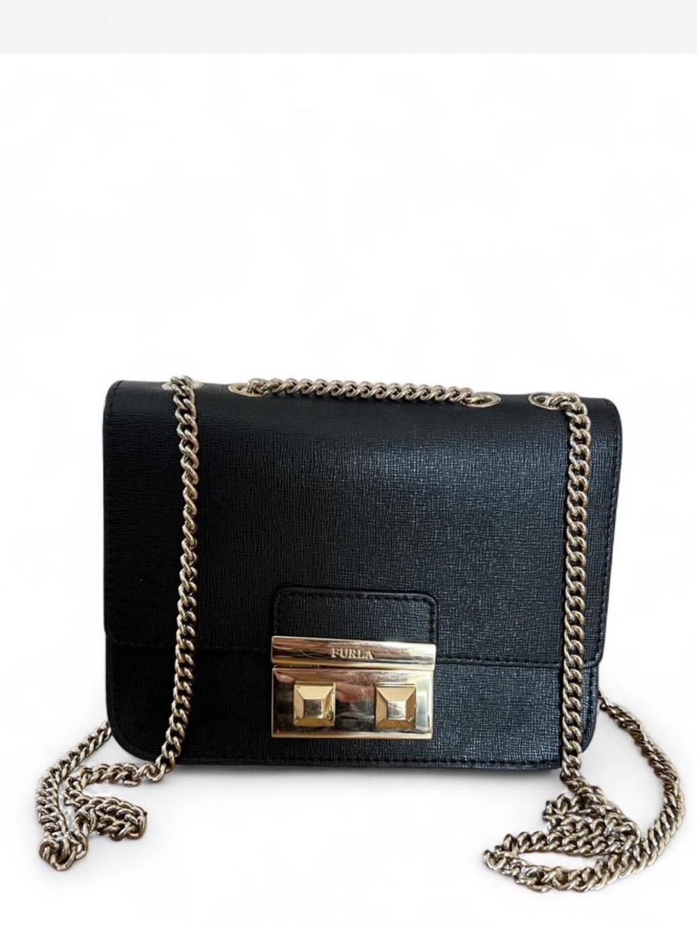 Furla Black Saffiano Leather Chain Shoulder Bag with Gold Hardware